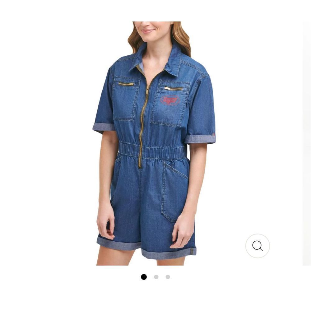 Tommy Jeans Womens Smocked Collared Cuff Sleeve Romper Sz 2X